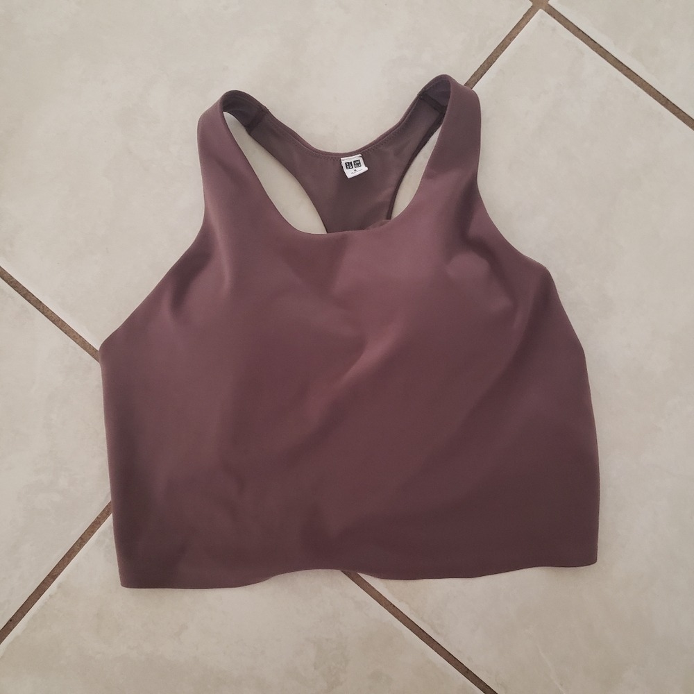 Uniqlo Mauve Brown Racerback Crop Top Built-in Bra Size M Activewear Sporty